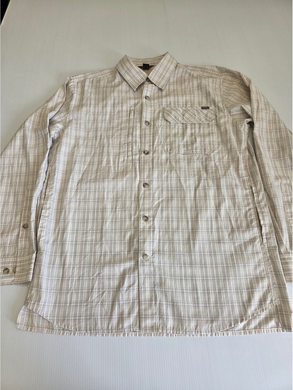 Eddie Bauer Travex Men's Medium Beige Plaid Long Sleeve Button-Up Shirt